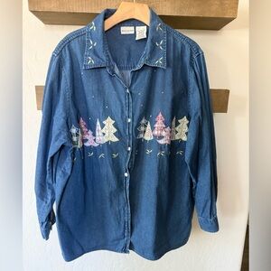 White Stag|Vintage Plus size Button-down Denim Shirt,Christmas tree embroidery•